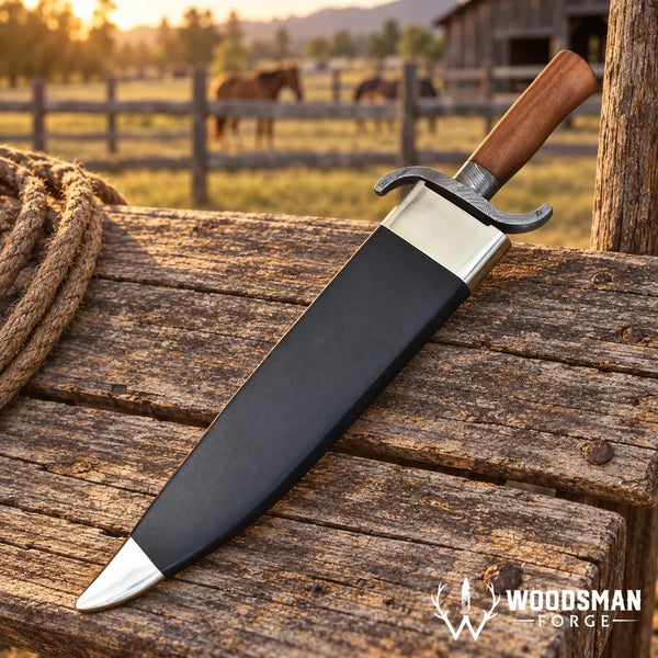 Load image into Gallery viewer, Ironwood Twisted Damascus Bowie Knife – Walnut Handle &amp; Leather Sheath
