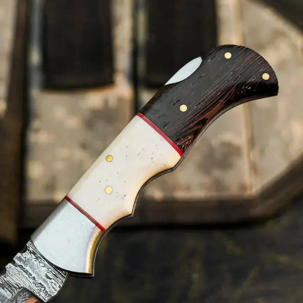 Load image into Gallery viewer, Damascus Folding Hunting Knife with Wenge &amp; Camel Bone Handle

