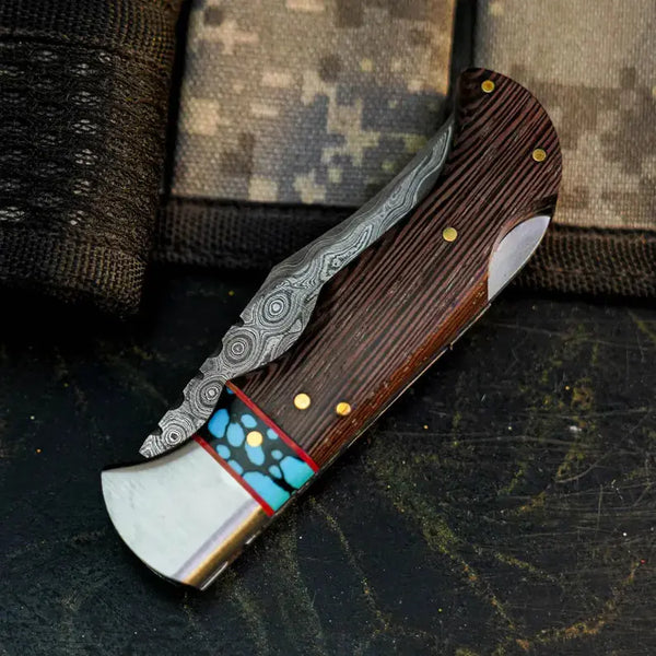 Load image into Gallery viewer, Damascus Folding Hunting Pocket Knife – Wenge Wood Handle
