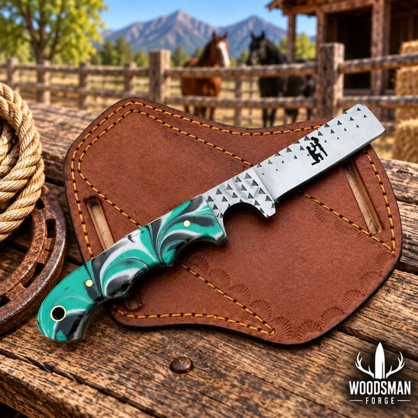Load image into Gallery viewer, Ranchspire Rasp Steel Cowboy Bull Cutter Knife – Resin Handle &amp; Leather Sheath
