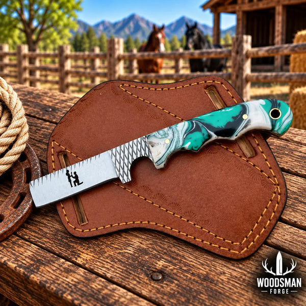 Load image into Gallery viewer, Ranchspire Rasp Steel Cowboy Bull Cutter Knife – Resin Handle &amp; Leather Sheath
