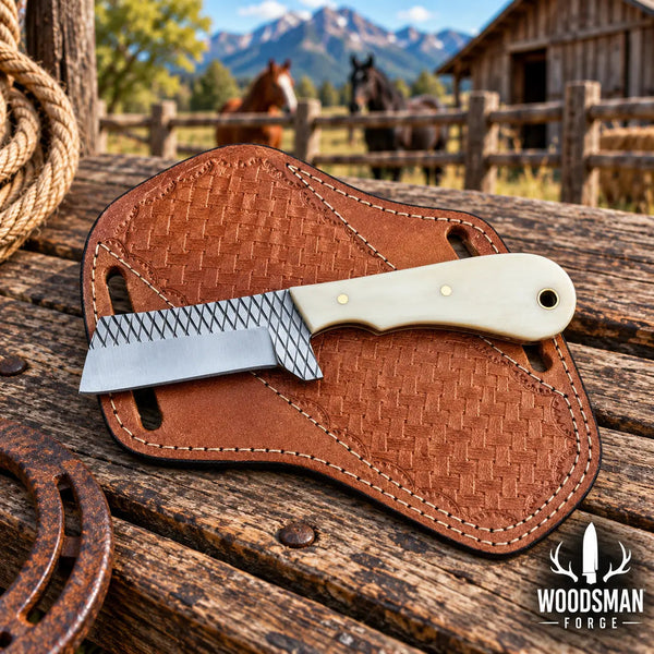 Load image into Gallery viewer, Camelridge Rasp Steel Cowboy Bull Cutter Knife – Camel Bone Handle
