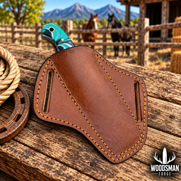 Load image into Gallery viewer, Ranchspire Rasp Steel Cowboy Bull Cutter Knife – Resin Handle &amp; Leather Sheath
