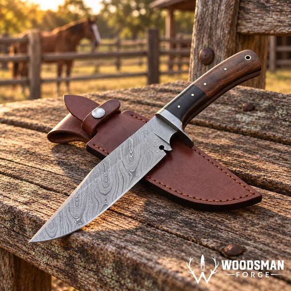Load image into Gallery viewer, Roseforge Damascus Bowie Knife – Rosewood &amp; Micarta Handle
