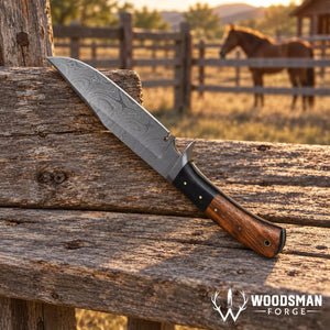 Roseforge Damascus Bowie Knife – Rosewood & Micarta Handle