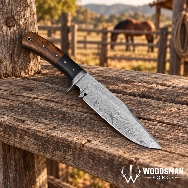 Load image into Gallery viewer, Roseforge Damascus Bowie Knife – Rosewood &amp; Micarta Handle
