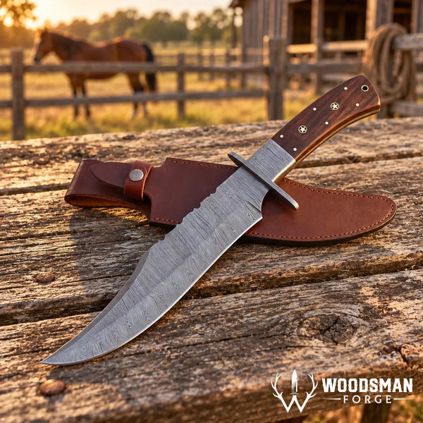 Load image into Gallery viewer, Rosewarden Damascus Bowie Knife – Rosewood Handle &amp; Leather Sheath
