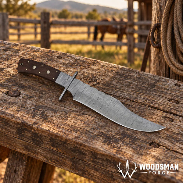 Load image into Gallery viewer, Rosewarden Damascus Bowie Knife – Rosewood Handle &amp; Leather Sheath
