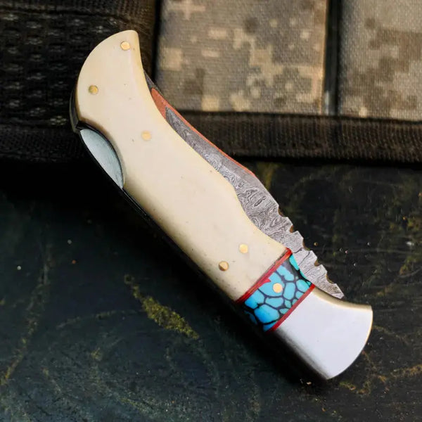 Load image into Gallery viewer, Damascus San Mai Knife with Camel Bone Handle
