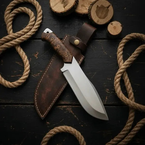 Load image into Gallery viewer, Handmade D2 Steel Bowie Knife – Stabilized Burl Wood Handle &amp; Leather Sheath
