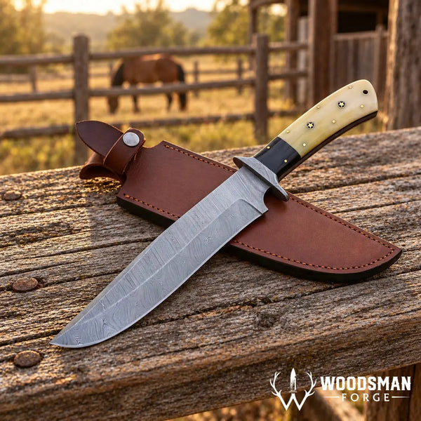 Load image into Gallery viewer, Stonewarden Damascus Bowie Knife – Bone Handle &amp; Leather Sheath
