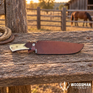 Stonewarden Damascus Bowie Knife – Bone Handle & Leather Sheath