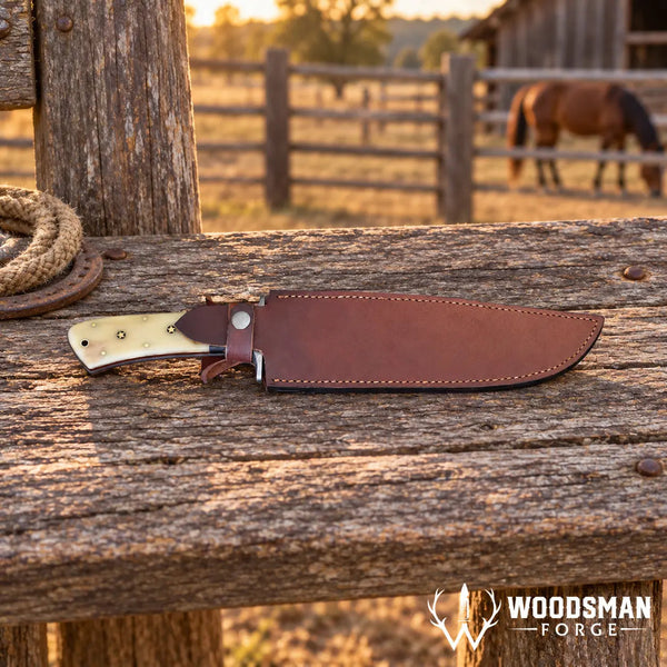 Load image into Gallery viewer, Stonewarden Damascus Bowie Knife – Bone Handle &amp; Leather Sheath
