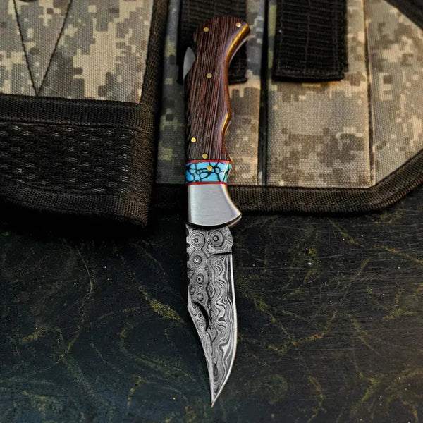 Load image into Gallery viewer, Damascus Folding Hunting Pocket Knife – Wenge Wood Handle
