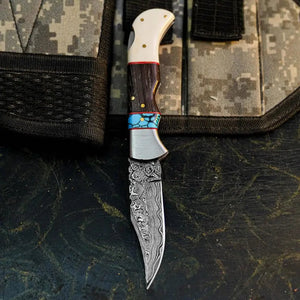 Damascus Hunting Pocket Knife with Camel Bone, Wenge & Resin Handle