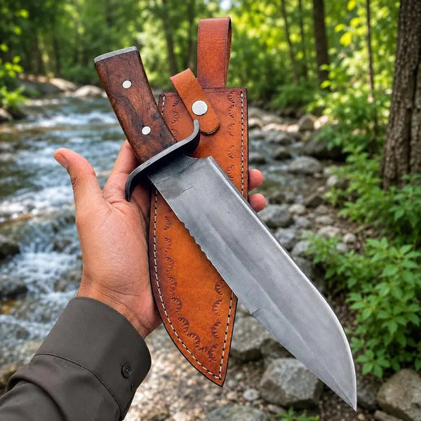 Load image into Gallery viewer, Hand Forged Bowie Hunting Knife with Wooden Handle &amp; Leather Sheath
