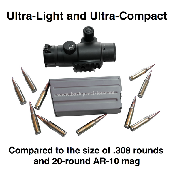 Load image into Gallery viewer, Bering Optics Night Probe Mini Night Vision Clip-On Attachments For Night Hunting Compared to the Size of .308 Rounds and 20-Round AR-10 Mag
