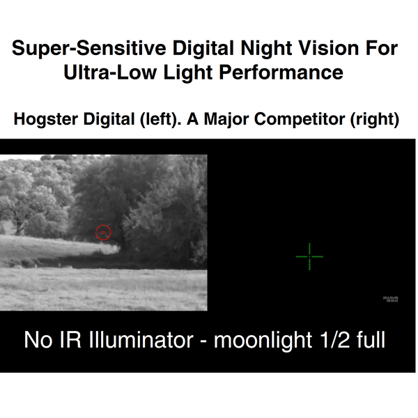 Load image into Gallery viewer, Comparison of Super Sensitive Night Hunting Mode Of Bering Optics Hogster Digital Scope With Major Competitor

